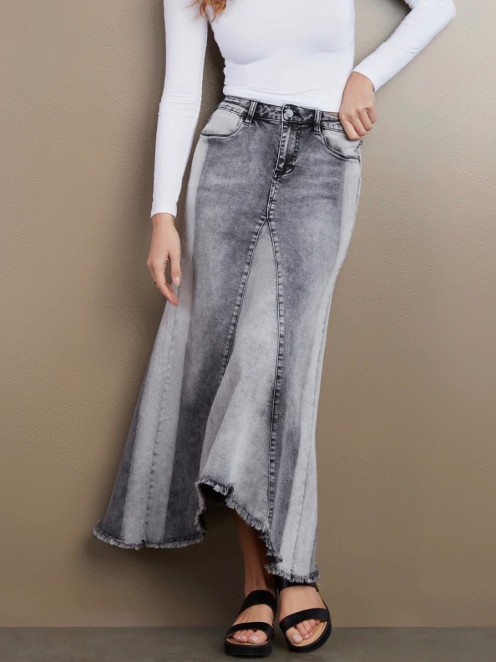 Selma Pieced Denim Maxi Skirt - Split Black